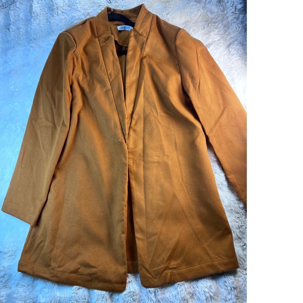 Oshoplive Womens XL Camel Brown Open Front Faux Suede Blazer Jacket Long A22